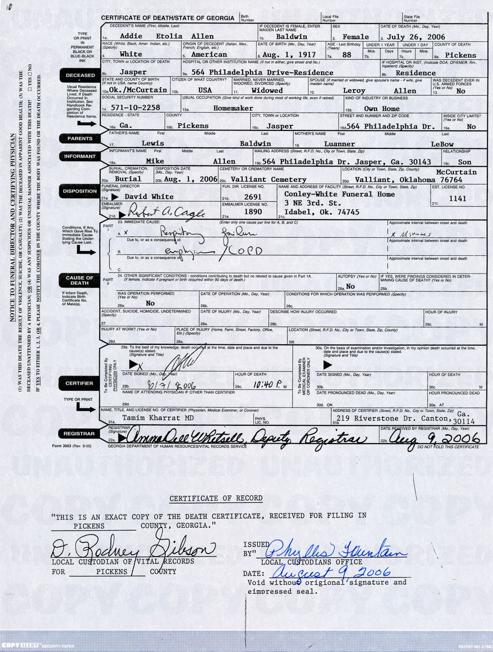 Georgia Certificate of Death for Addie Etolia Allen, dated July 26, 2006.