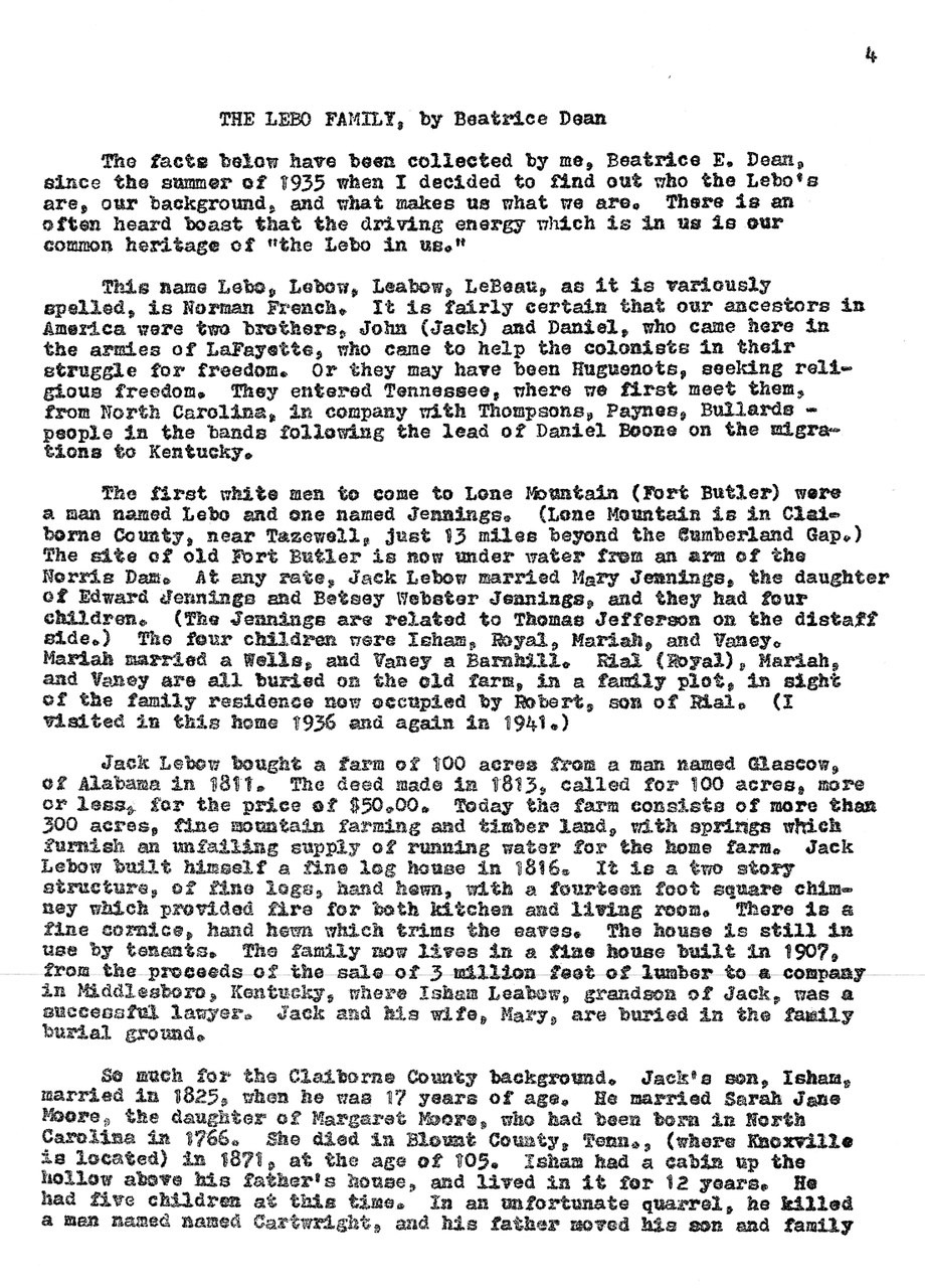Typewritten document titled "The Lebo Family, by Beatrice Dean" on genealogical history.