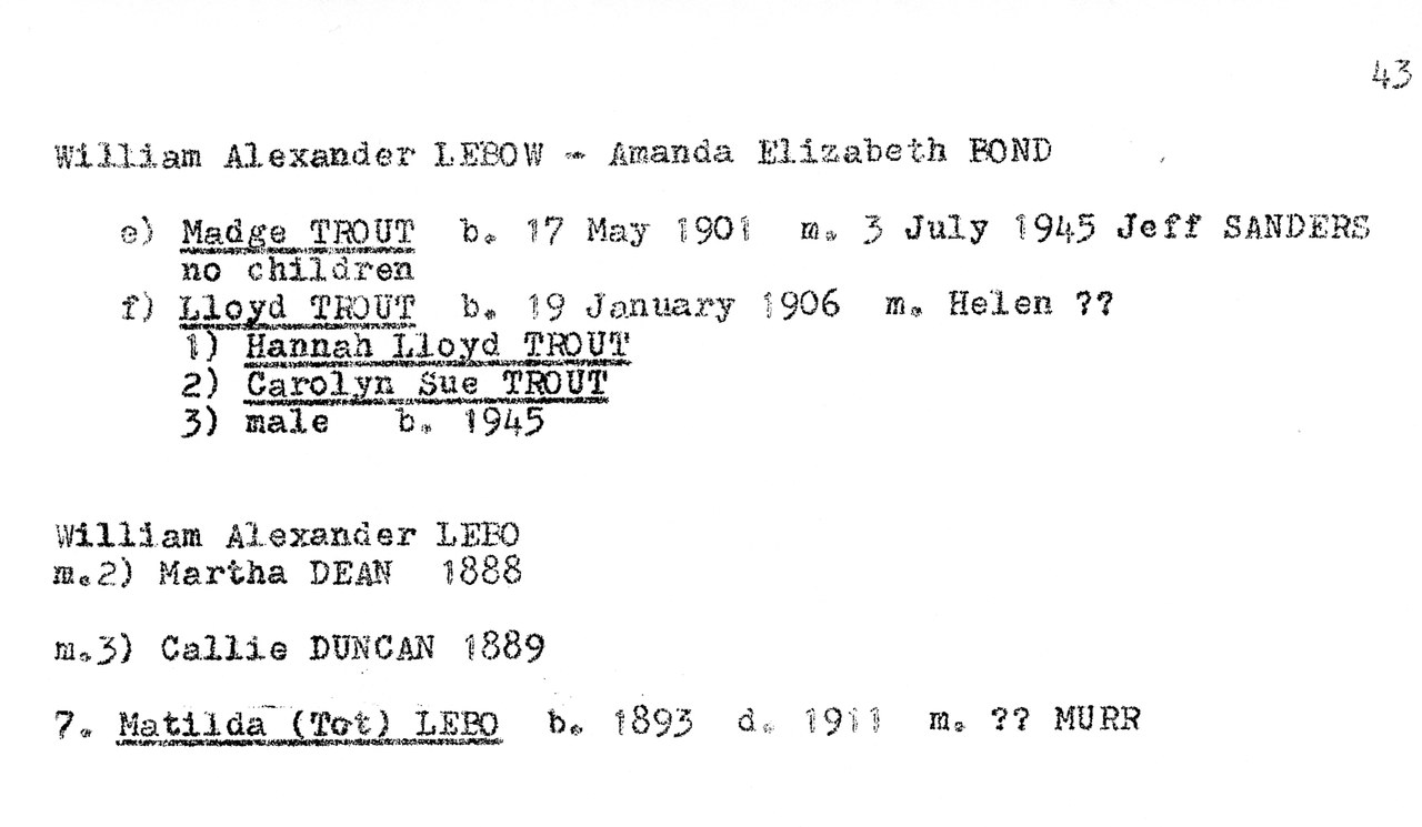 Typed genealogical document listing William Alexander Lebow and Amanda Elizabeth Fond with marriage and children records