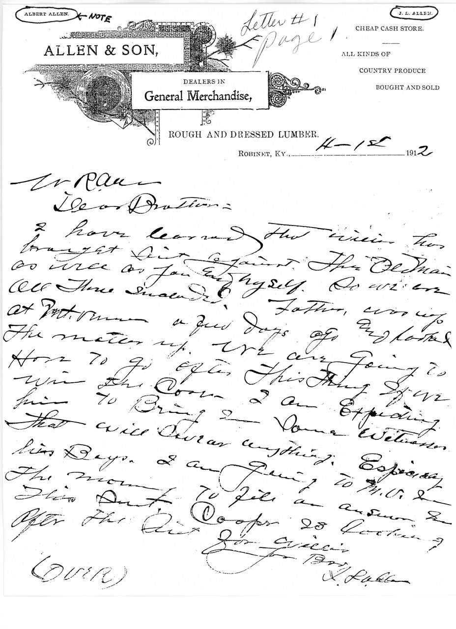 Handwritten business letter on Allen & Son letterhead from Robinet, Kentucky, dated 1912.