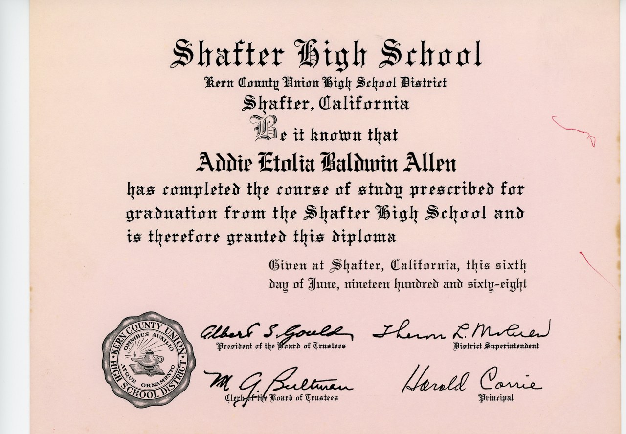 Shafter High School diploma document on pink paper