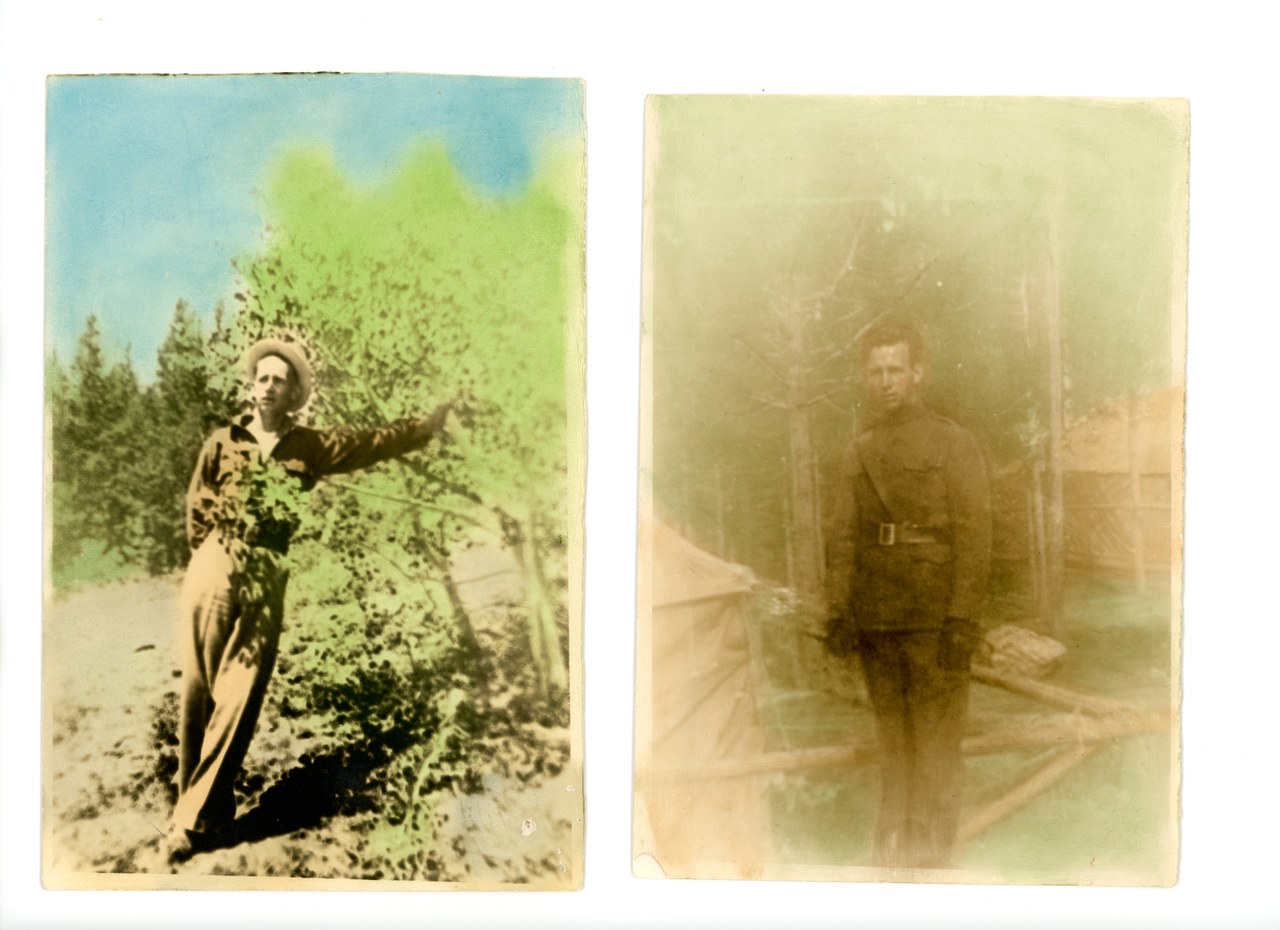 Two vintage color photographs of men outdoors, left in woodland setting with conifer trees, right in faded interior or covered area
