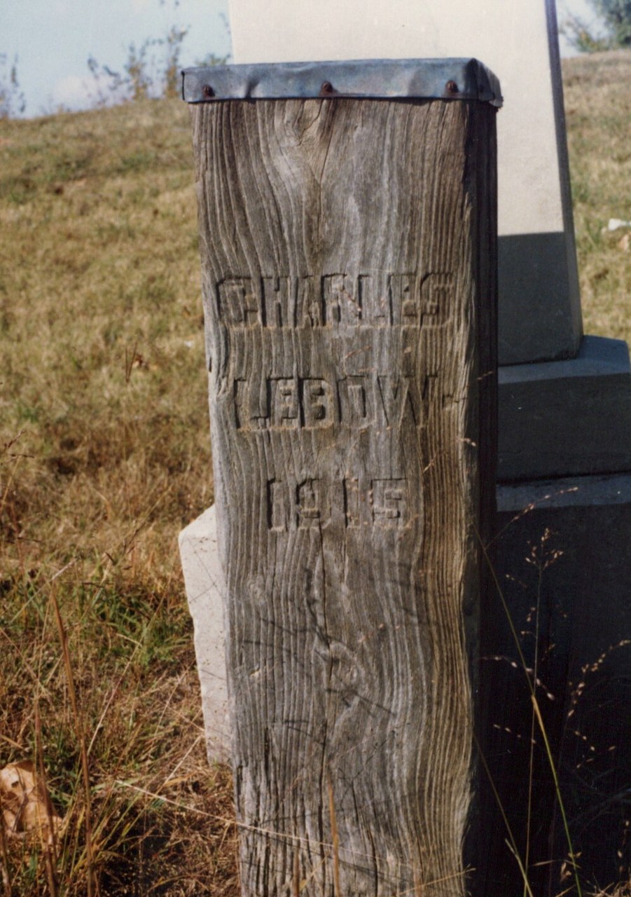 Weathered wooden gravestone with carved inscription in a grassy cemetery.