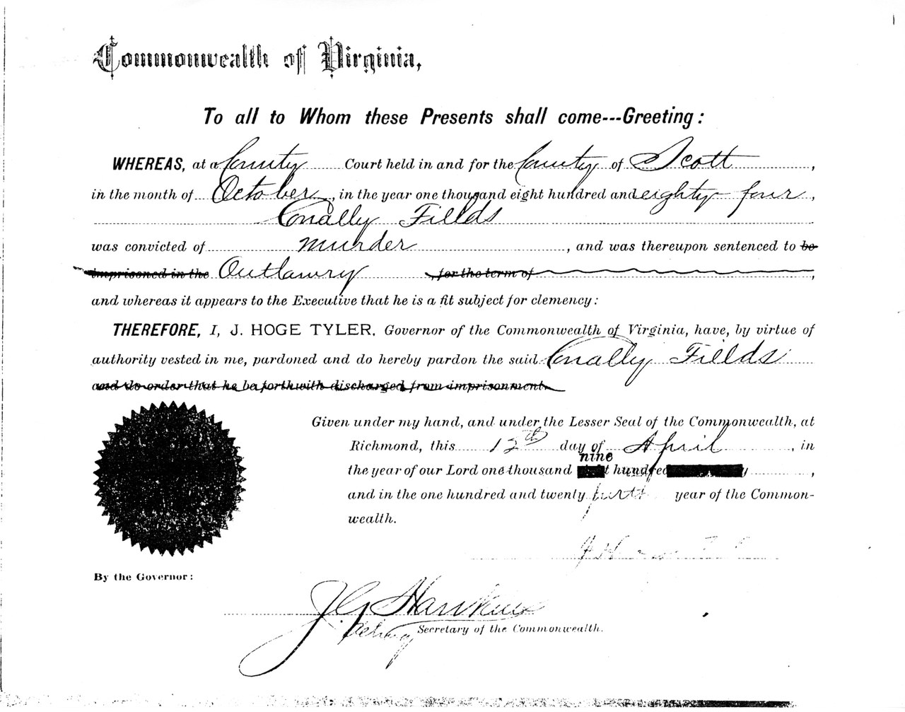 Historical pardon document from Virginia, signed by Governor J. Hoge Tyler, featuring ornate official seal.