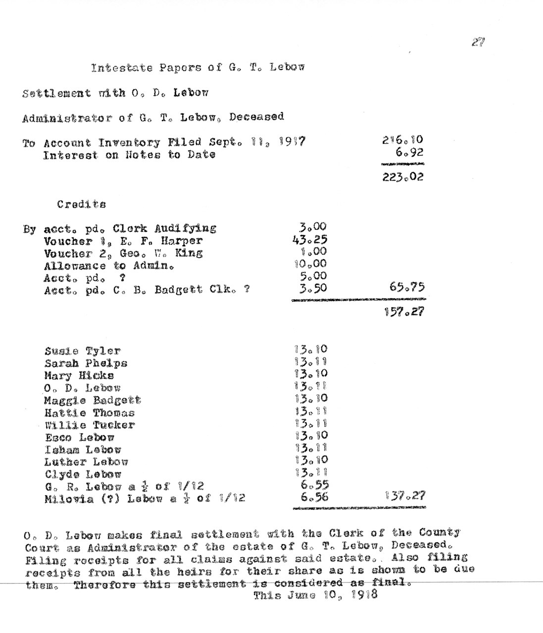 Typewritten legal document listing estate settlement papers and financial accounts for G. T. Lebow, dated 1917-1918.