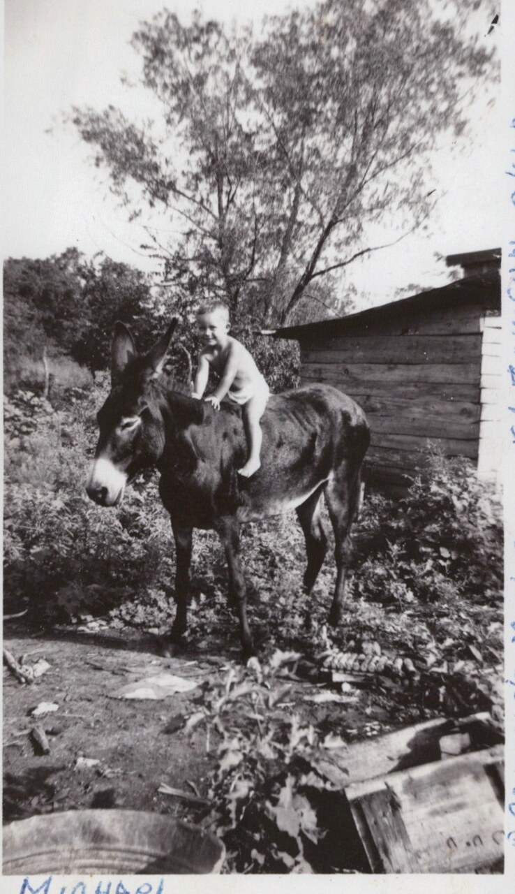 Black-and-white photo of a young shirtless child sitting on a donkey in a rural farmyard, with a wooden outbuilding and large tree in the background; "Michael" written in blue ink at the bottom.