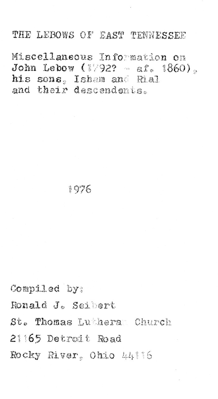 Title page of typed genealogical document about Lebow family of East Tennessee, 1976