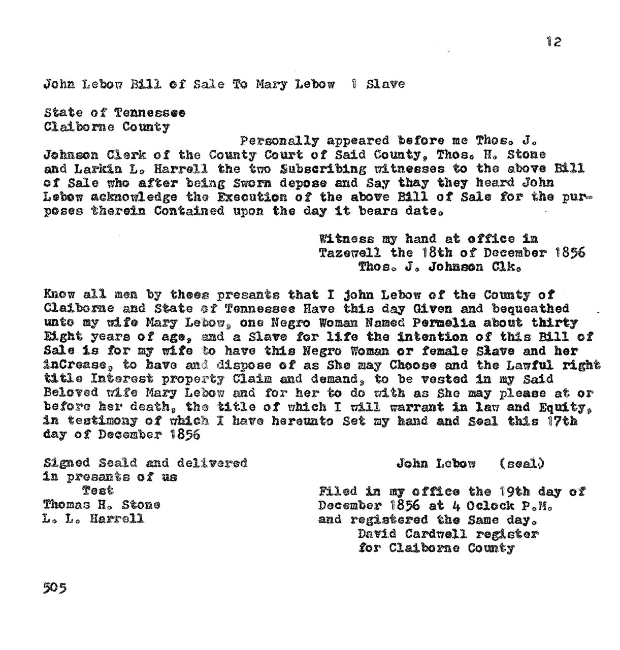 Typewritten historical legal document, Bill of Sale dated December 1856 from Claiborne County, Tennessee