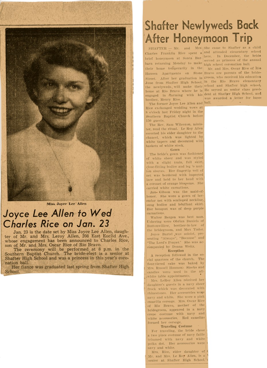 Newspaper clipping with portrait photo of young woman and wedding announcement text