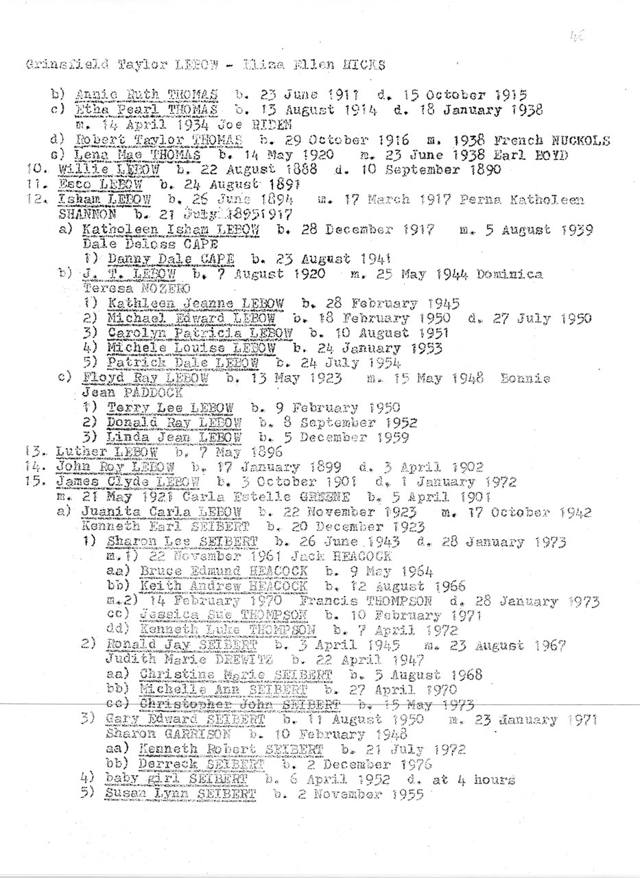 Typed genealogical document listing family records with names, birth and death dates spanning late 1800s to 1970s.
