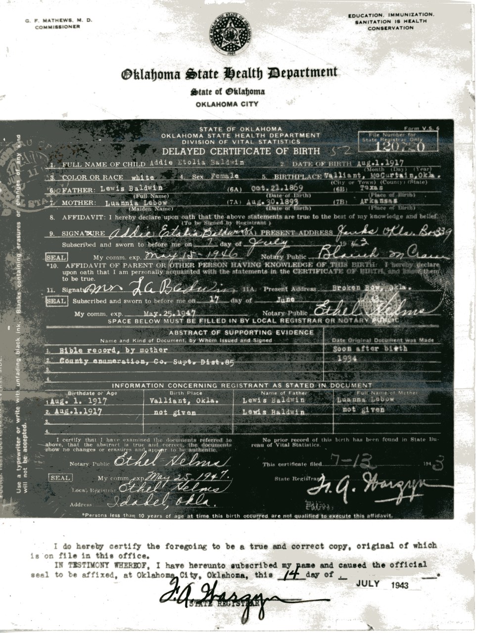 Oklahoma State Health Department delayed birth certificate form, aged document with handwritten entries and official seals.