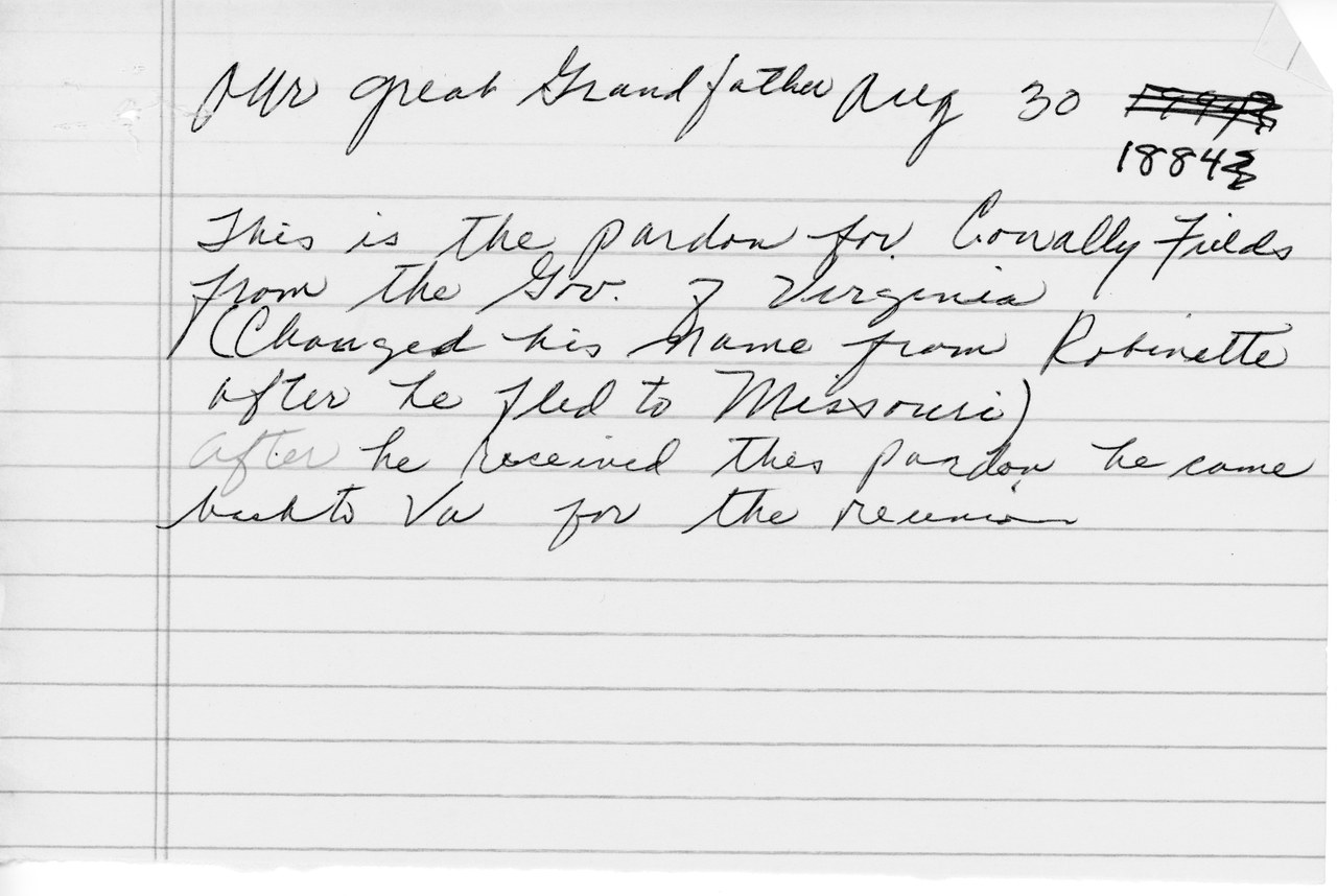 Handwritten note on lined paper, dated 1884, describing a pardon.