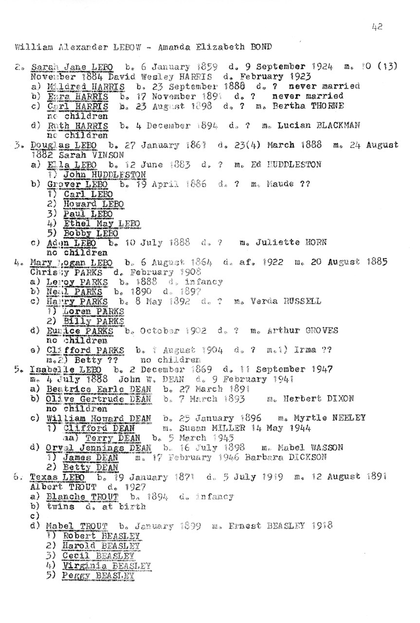 Typewritten genealogical chart documenting descendants of William Alexander Lebow and Amanda Elizabeth Bond.