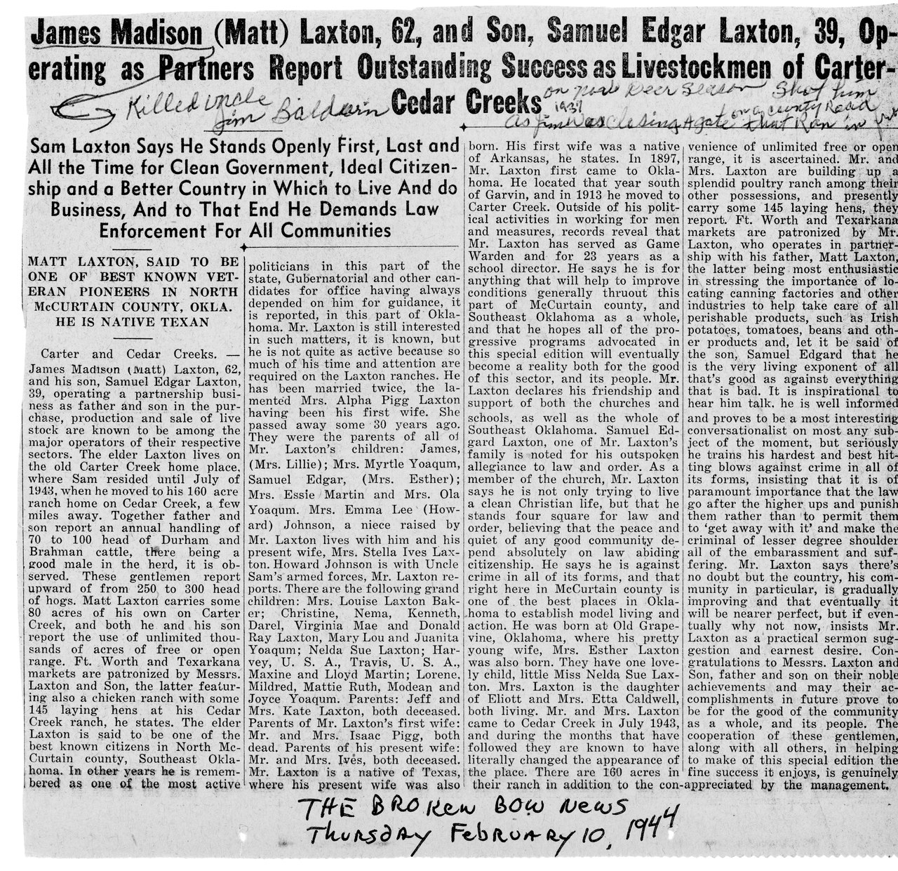 Newspaper article with headline about James Madison Laxton and Samuel Edgar Laxton as livestock operators in Carter-Cedar Creeks