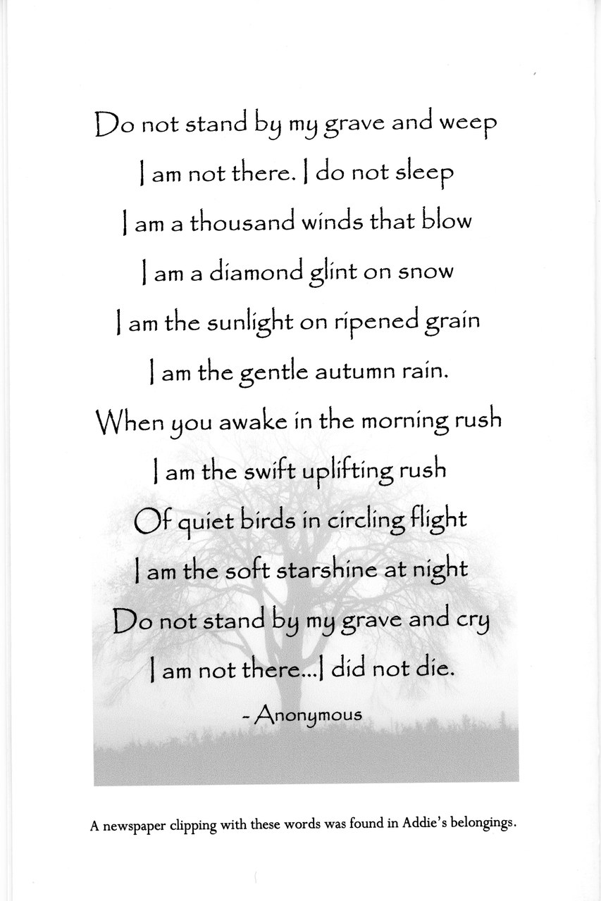 Printed text page featuring a poem with misty tree background image.