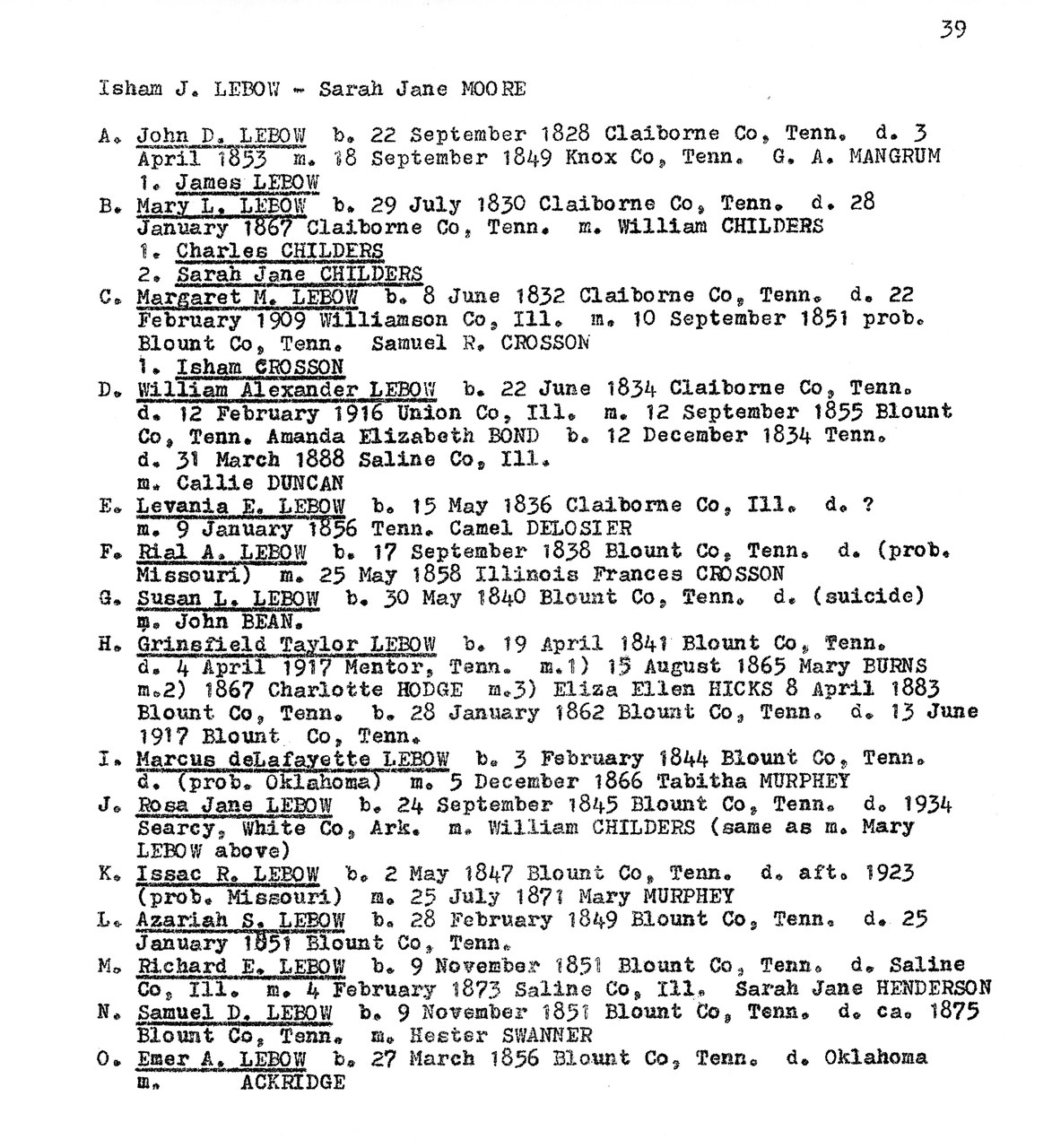 Typed genealogical record page listing descendants of Isham J. Lebow and Sarah Jane Moore, with birth, death, and marriage information from 1828-1923.
