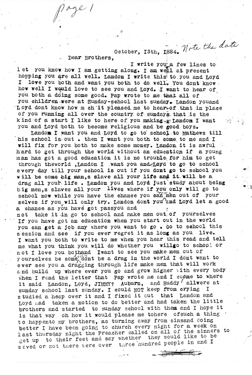Typewritten letter dated October 13th, 1884, beginning "Dear Brothers"