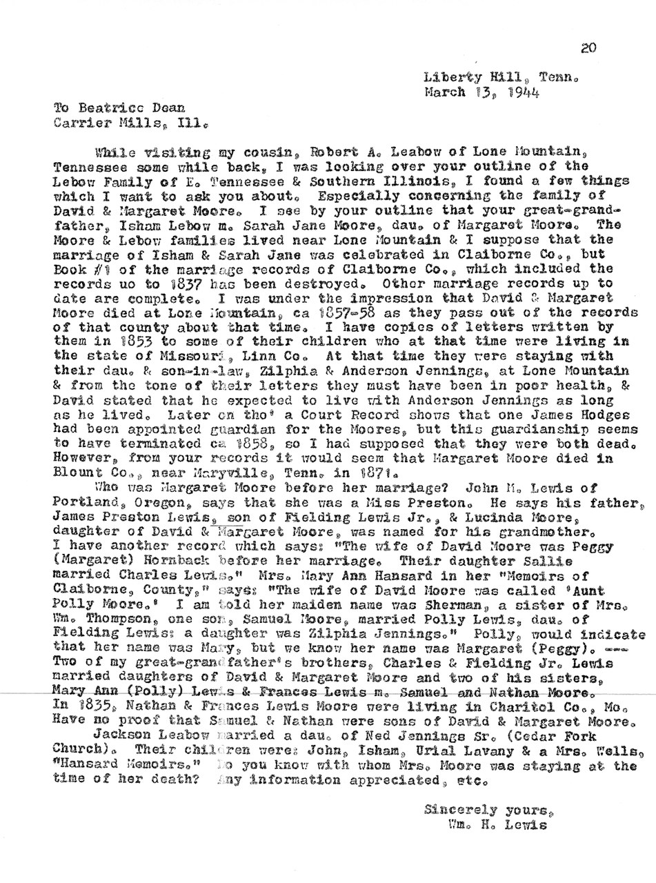 Typed letter dated March 13, 1944, from Liberty Hill, Tennessee, inquiring about family genealogy records.
