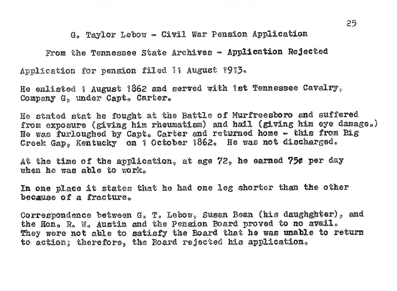 Typed document page 25: Civil War pension application record for G. Taylor Lebow from Tennessee State Archives