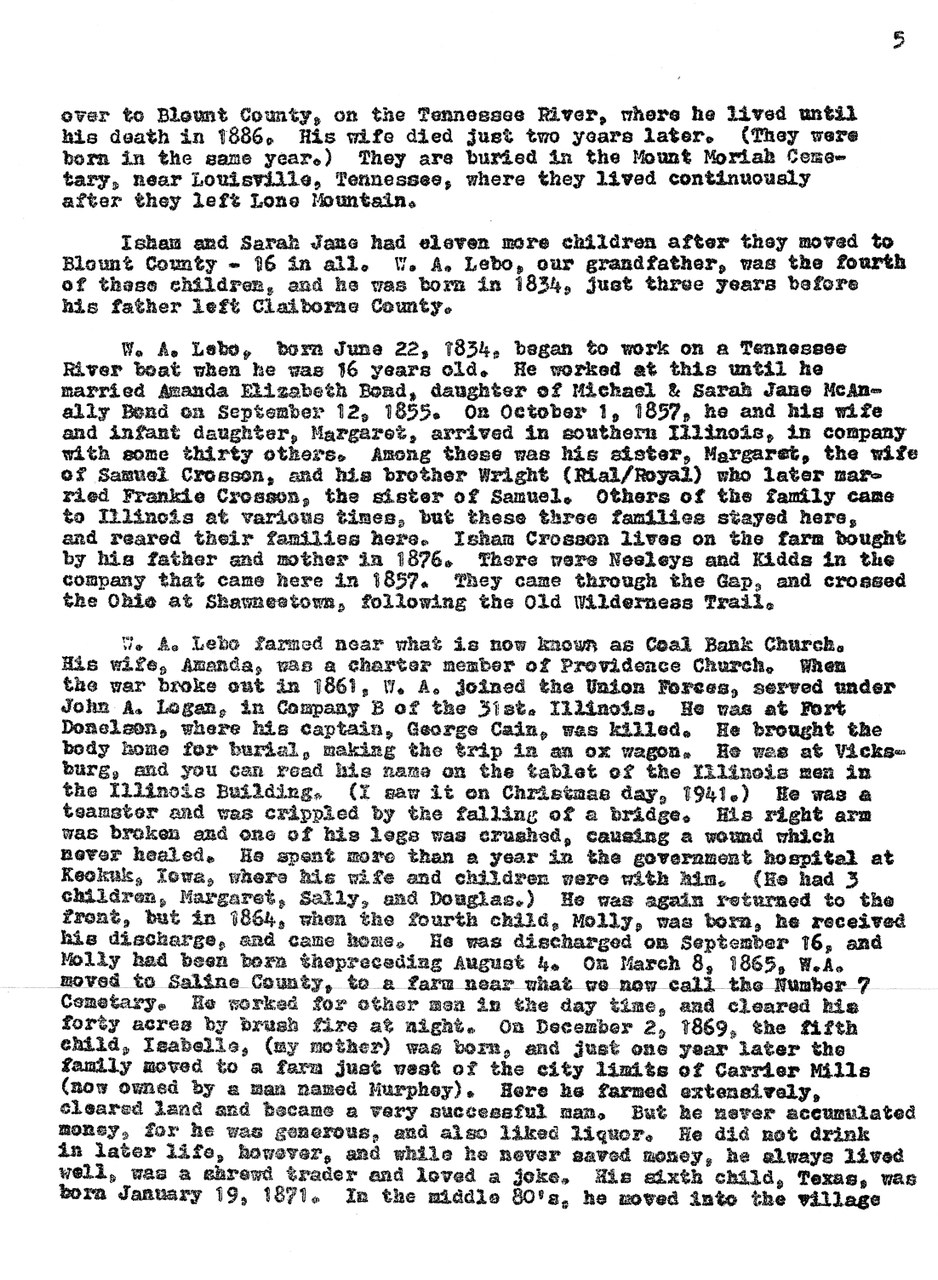 Typewritten historical document page 5 with family genealogical narrative text.