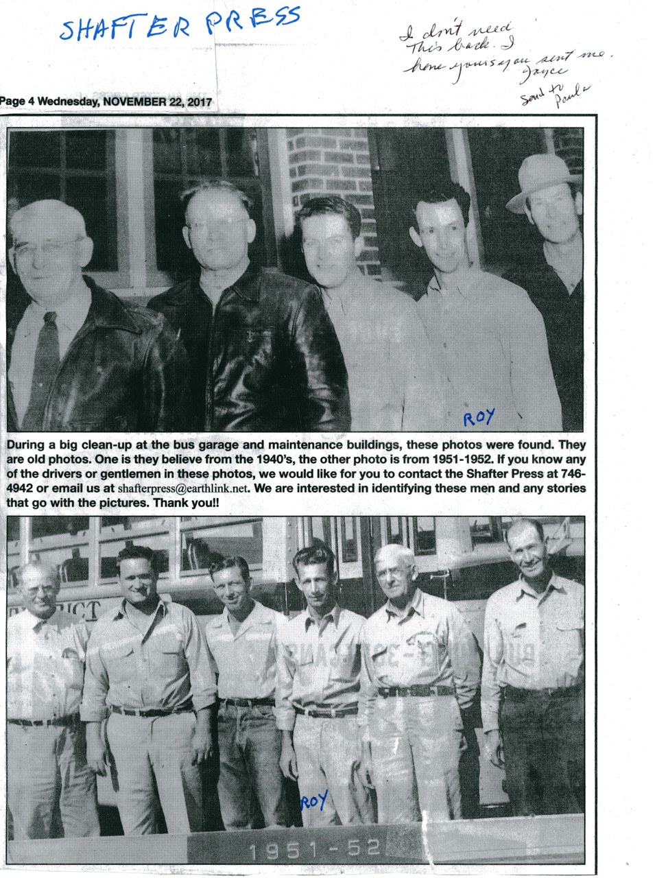 Newspaper clipping with two black-and-white group photos of men, labeled as archive photos from bus garage with handwritten notes.