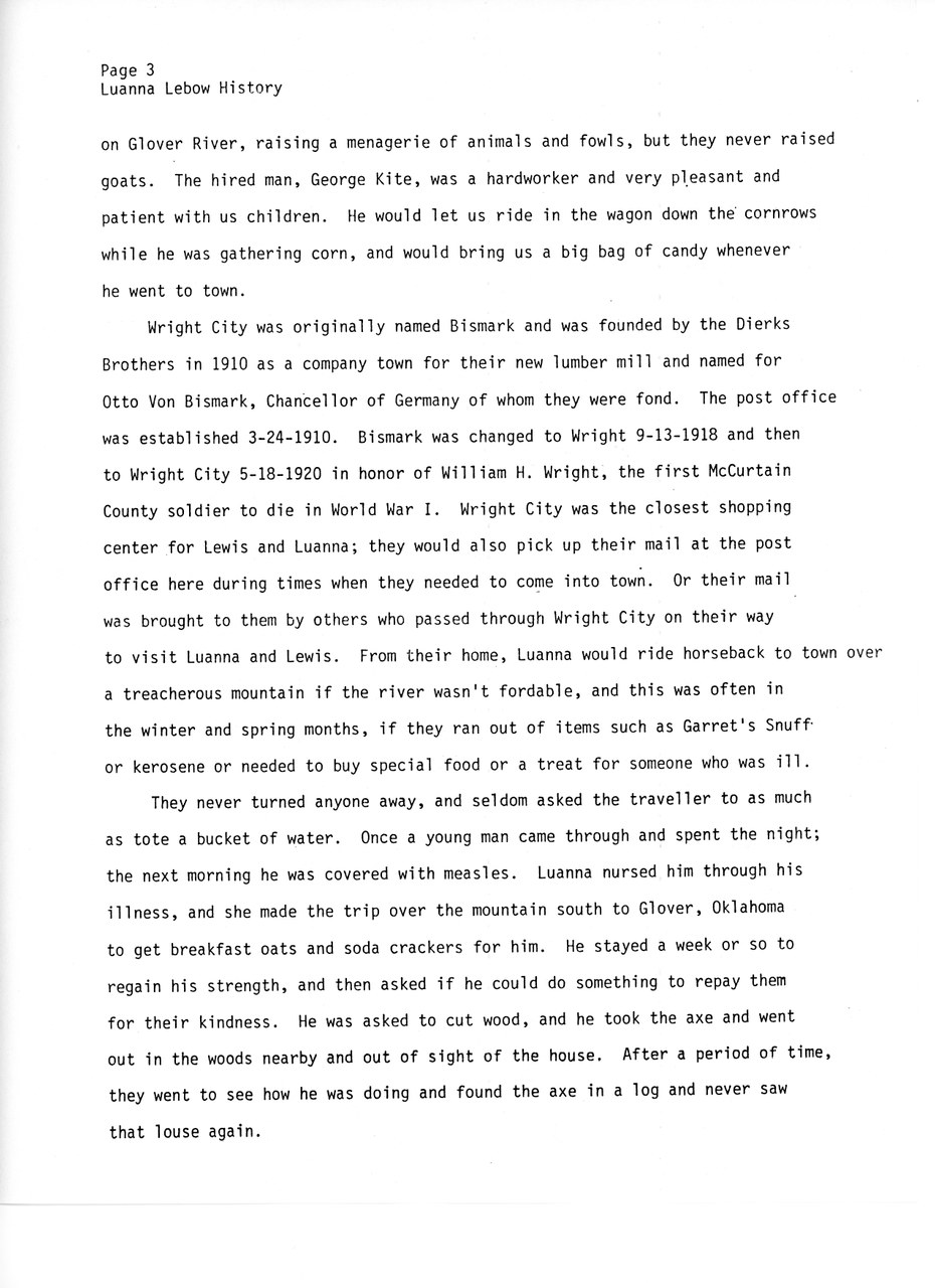 Page 3 of typed Luanna Lebow History manuscript text