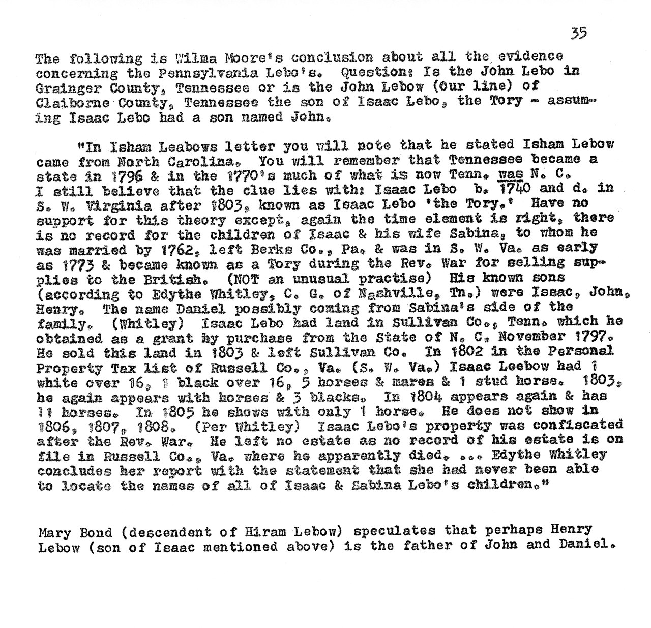 Typewritten page of genealogical notes about the Lebo family, page 35.