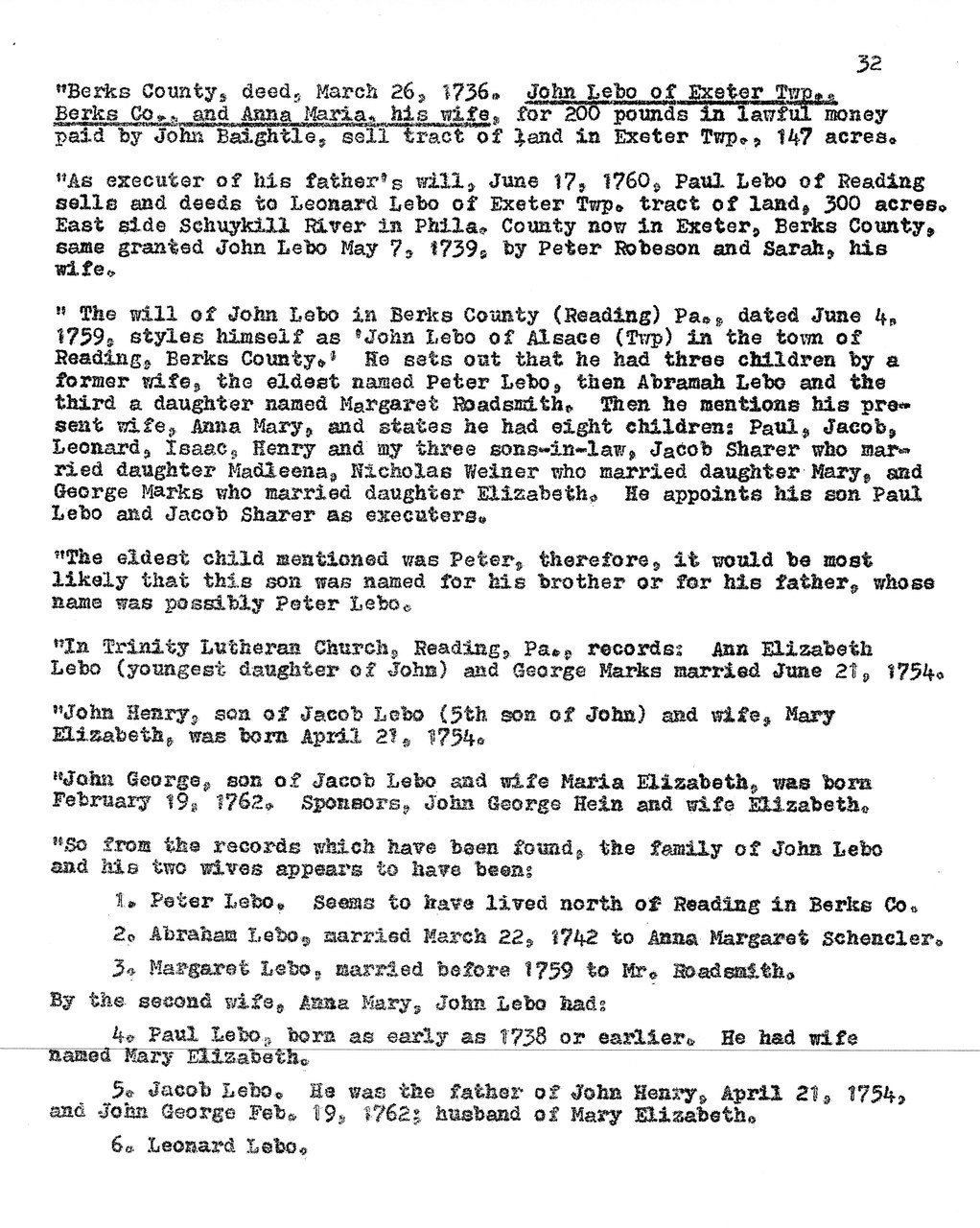 Typewritten genealogical record page numbered 32 with information about the Lebo family from Berks County, Pennsylvania.