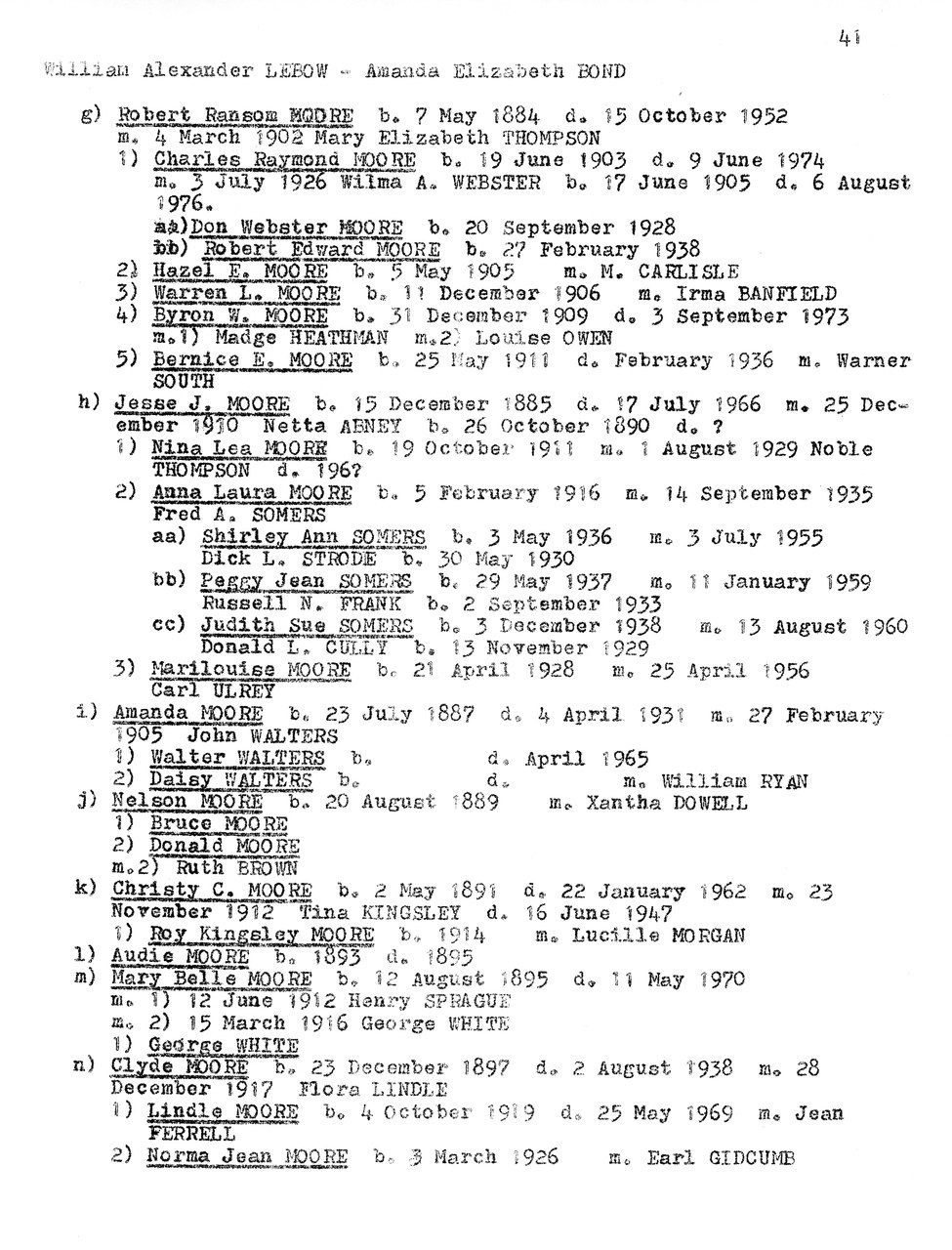 Typewritten genealogical document listing MOORE family births, deaths, and marriages from 1884 to 1976