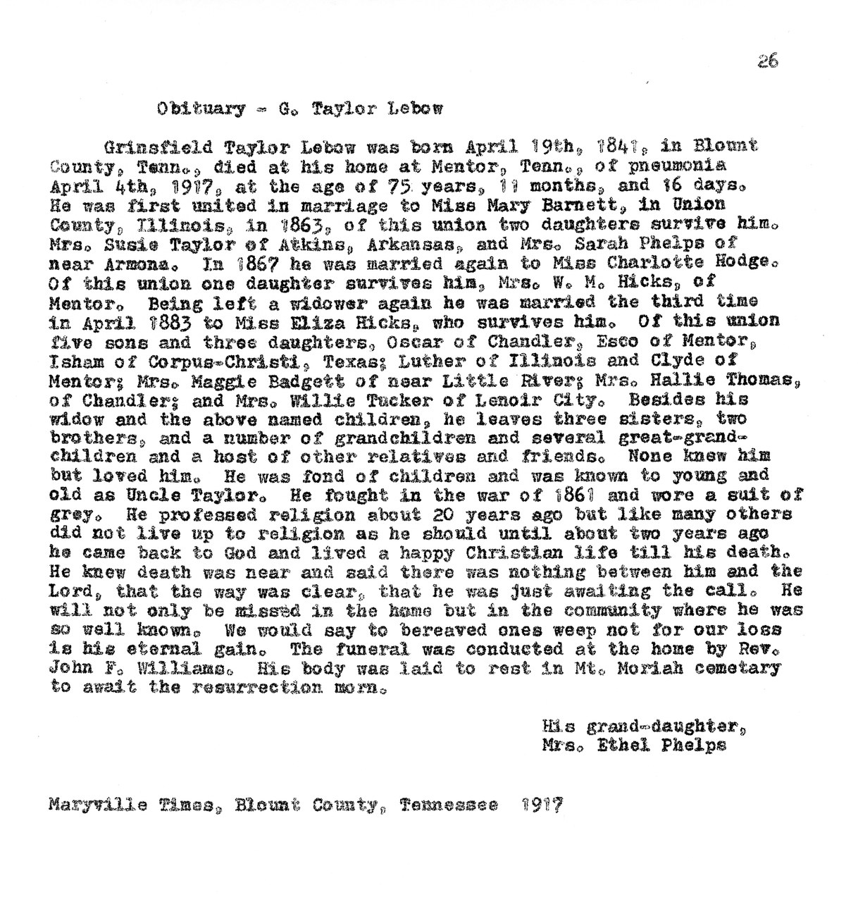 Typewritten obituary document for G. Taylor Lebow from 1917