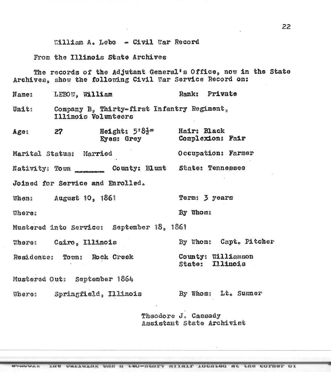 Typewritten Civil War service record for William A. Lebo from Illinois State Archives