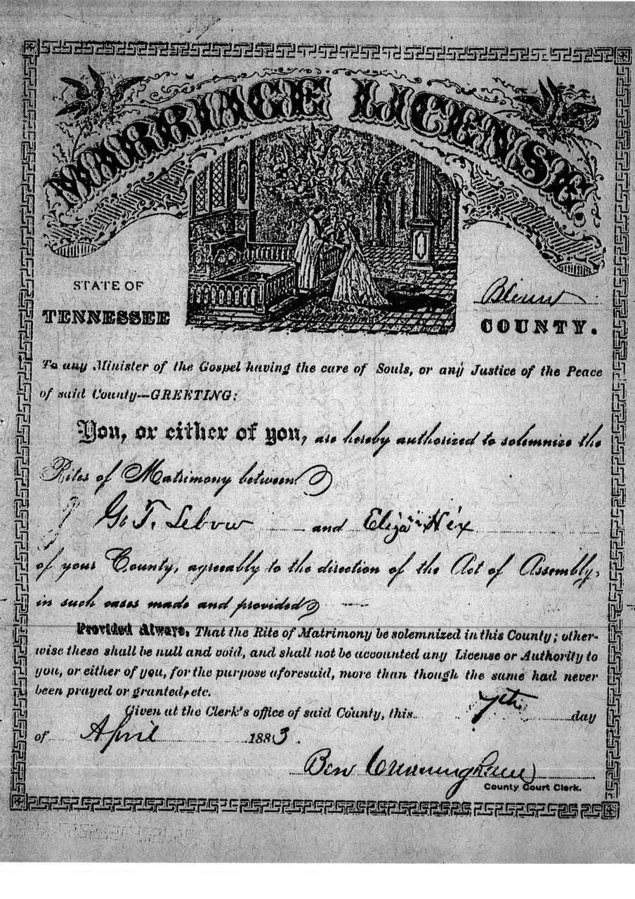 Formal marriage license document from Tennessee, ornately printed with period imagery, dated April 1883.