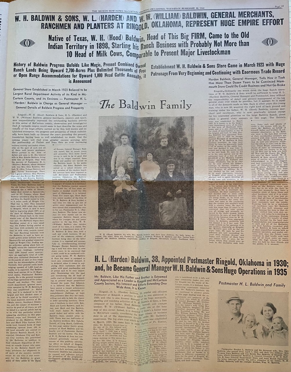 Newspaper page featuring the Baldwin family and their business in Ringold, Oklahoma, circa 1930s