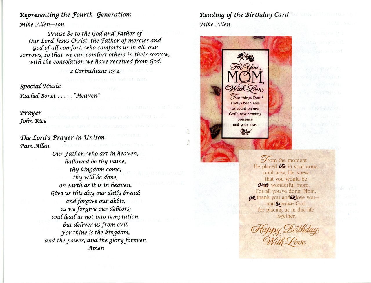 Two printed greeting cards displayed with program text: "For You Mom With Love" card with red flowers and a second card with Mother's Day sentiment text.