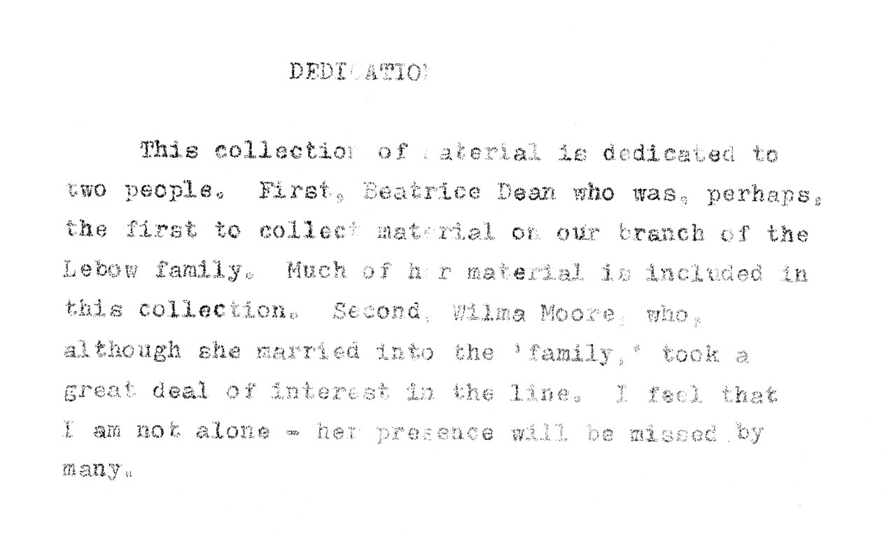 Typewritten dedication page with faded text.