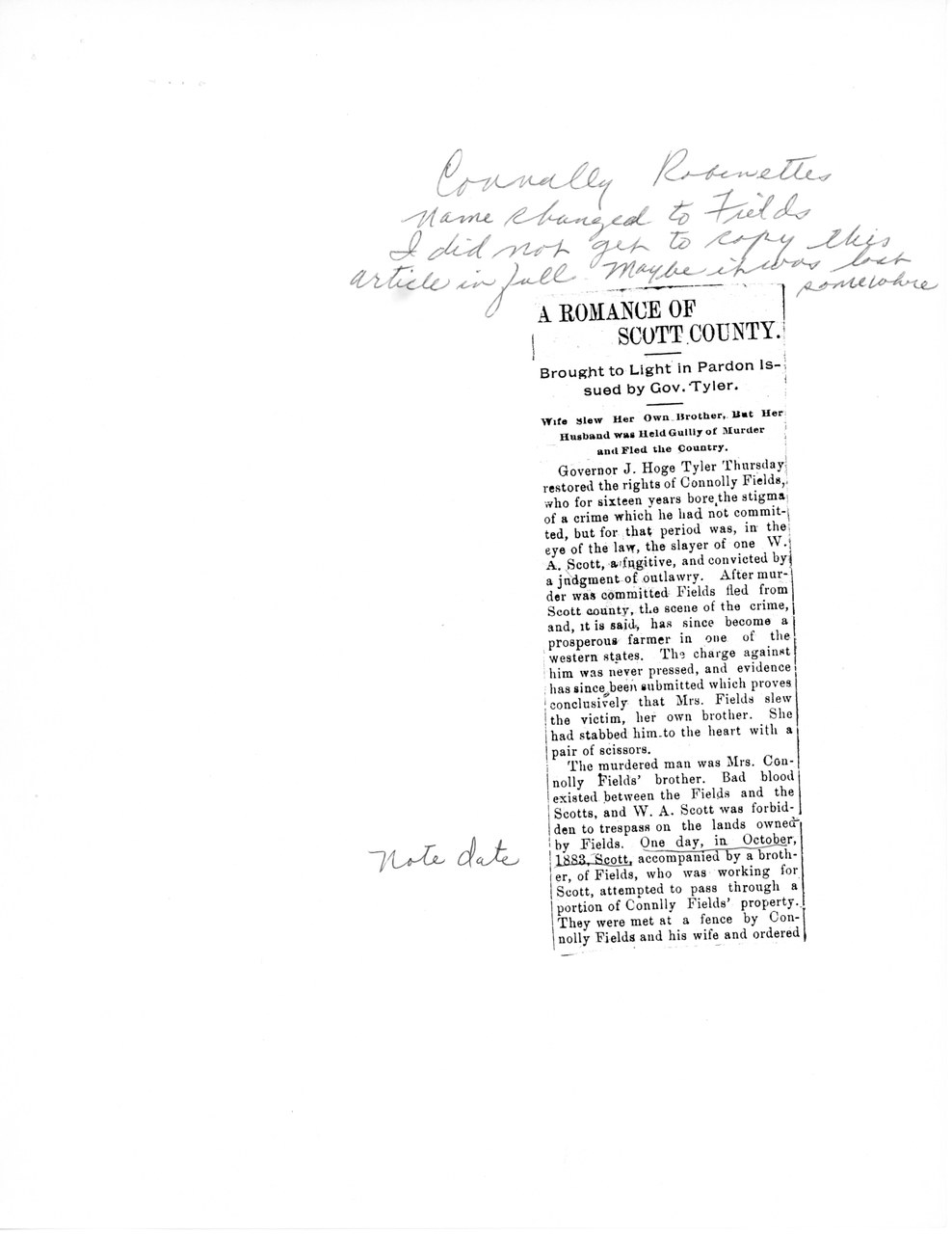 Newspaper clipping of "A Romance of Scott County" article about Governor Tyler's pardon, with handwritten annotations at top and bottom.