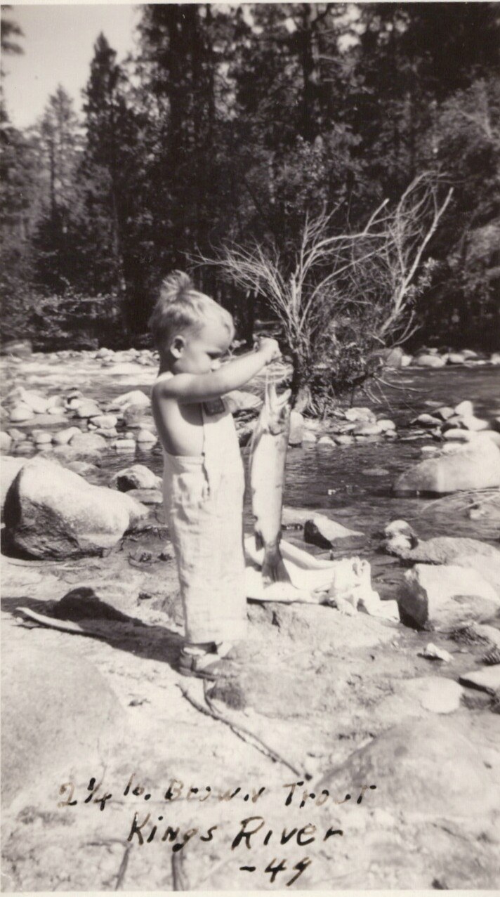 A toddler in bib overalls holds up a large brown trout on the rocky bank of the Kings River, 1949.