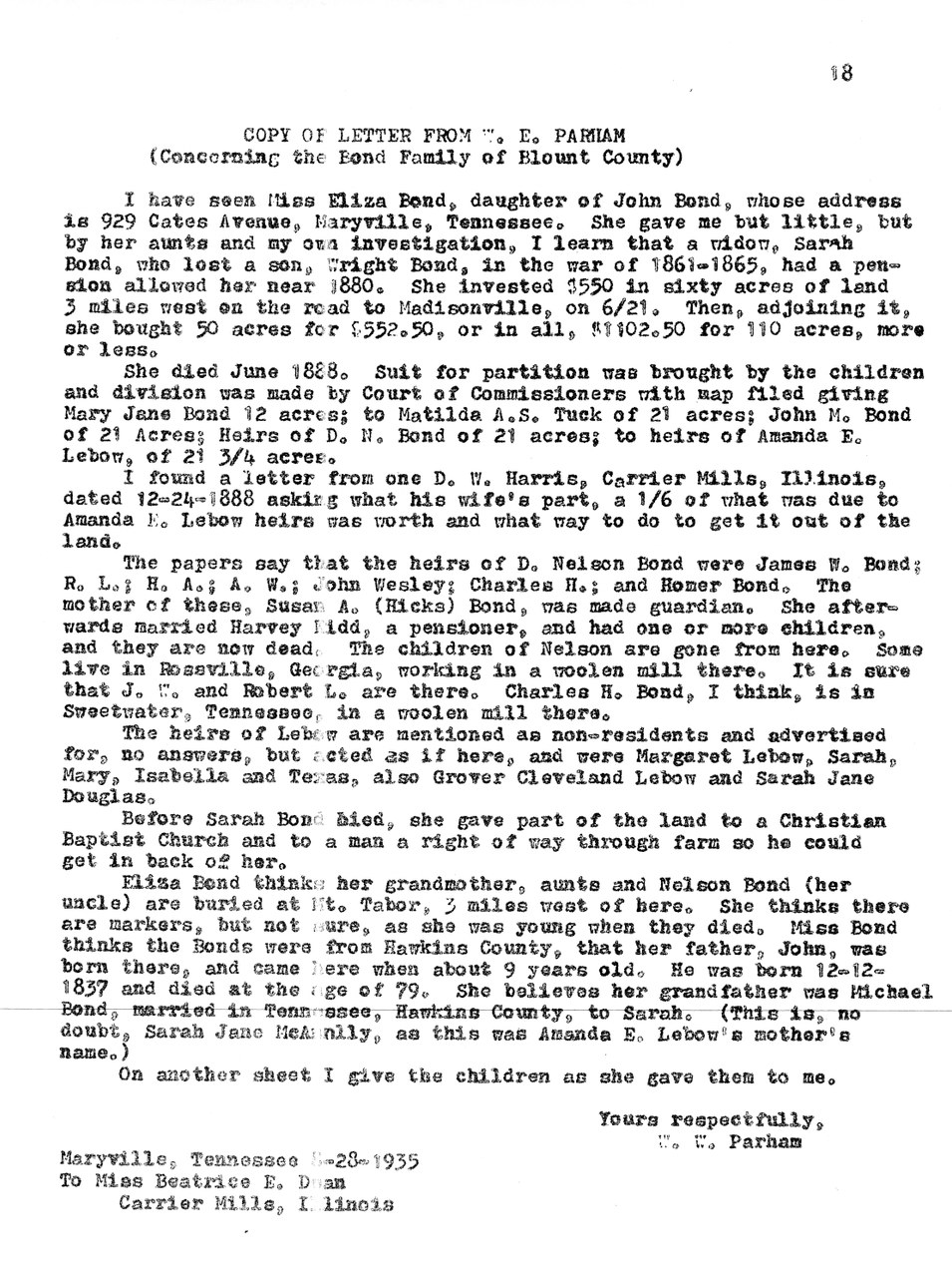Typewritten letter dated 1935 from W. P. Parham to Miss Beatrice E. D'an regarding Bond and Lebow family history in Blount County.