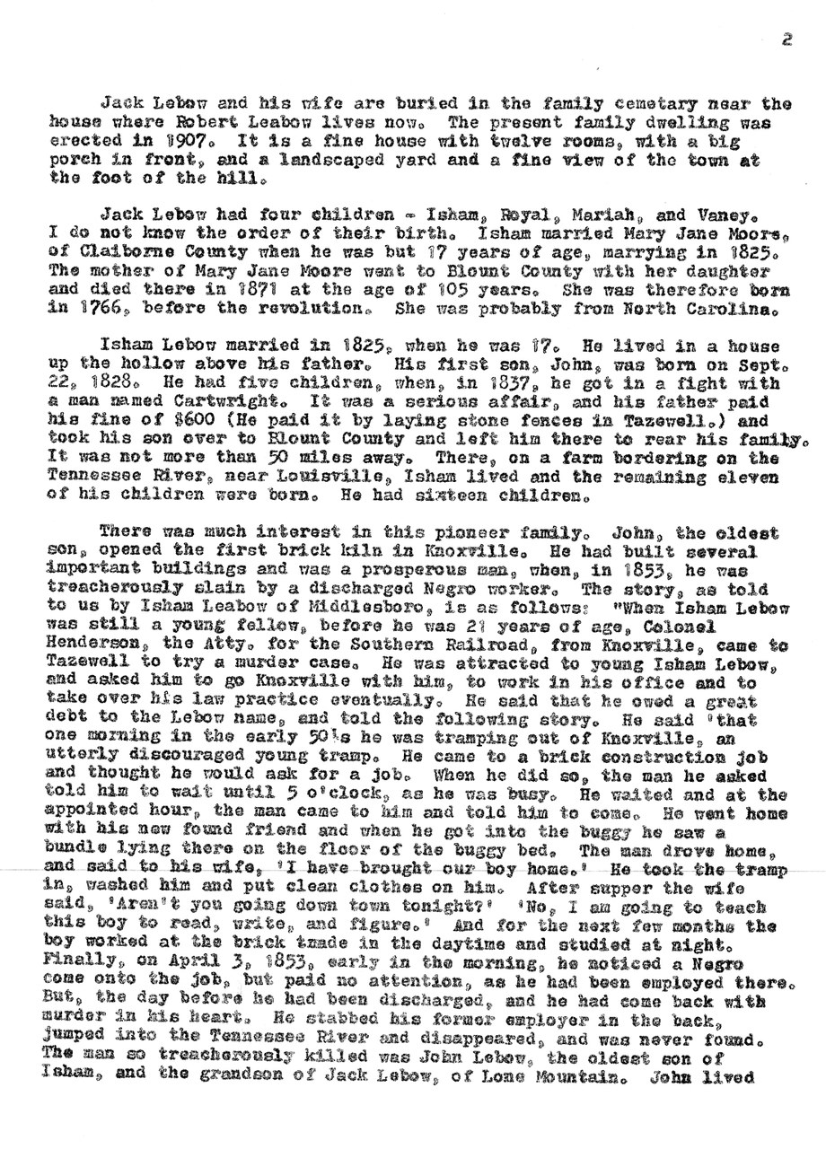 Typed historical narrative document about the Lebow family genealogy and pioneer history.