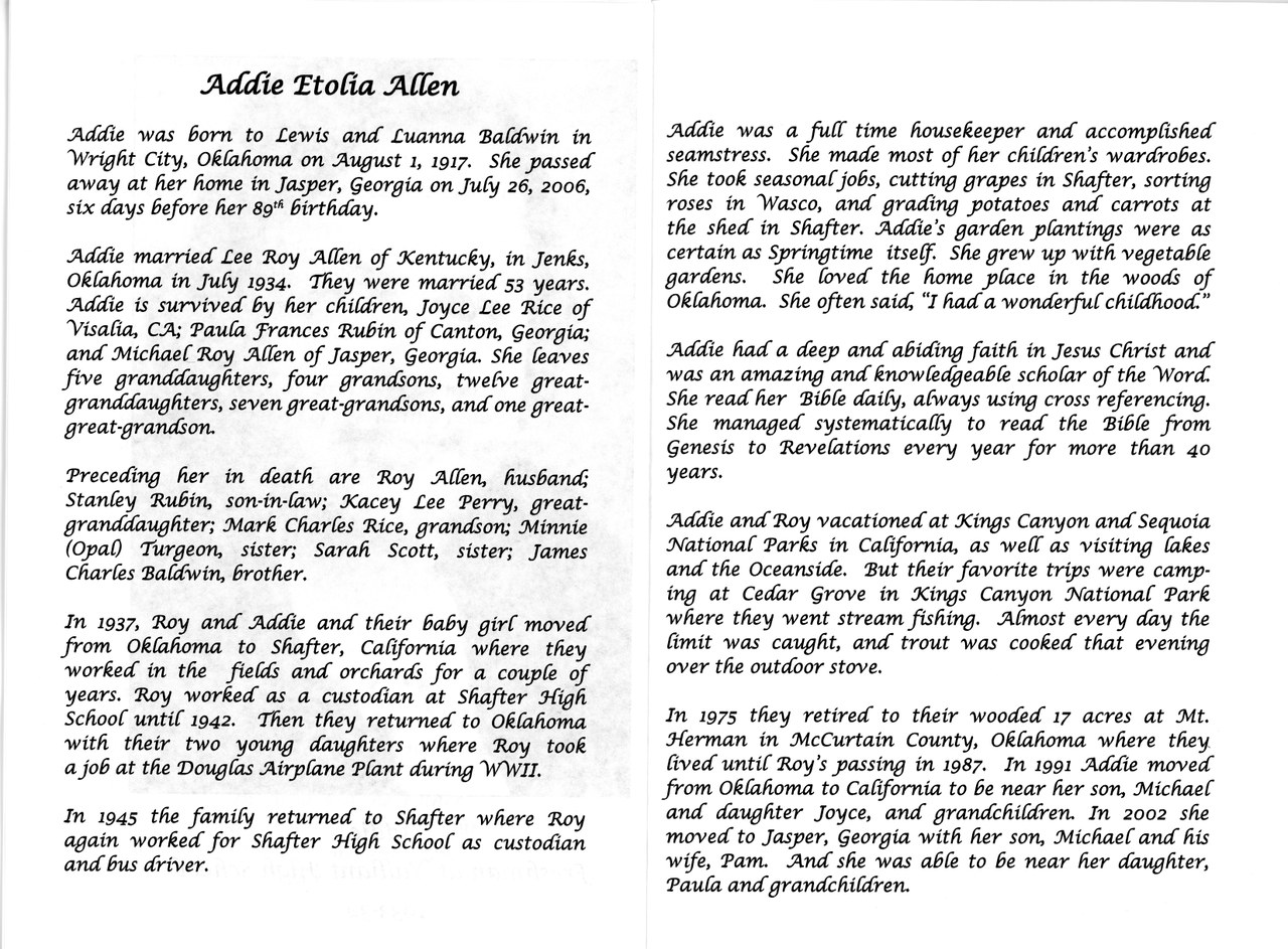 Typewritten biographical text page about Addie Etolia Allen
