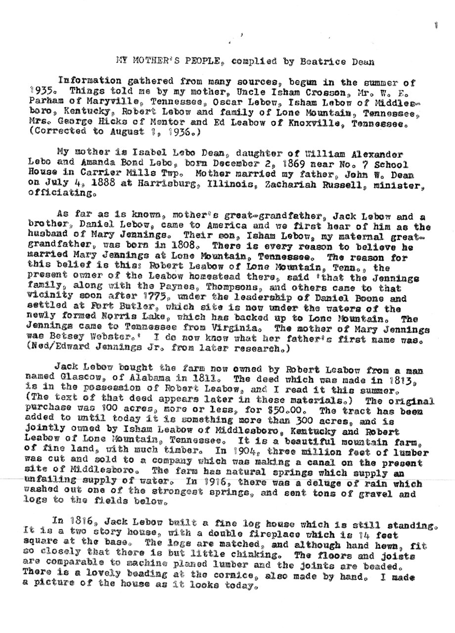 Typewritten page of family history document titled "My Mother's People" compiled by Beatrice Dean