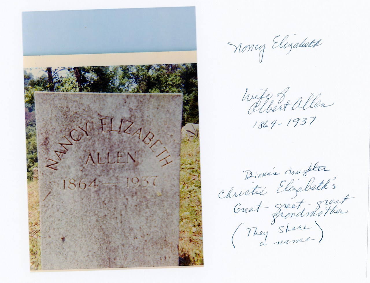 Gravestone with engraved text mounted on paper with handwritten annotations