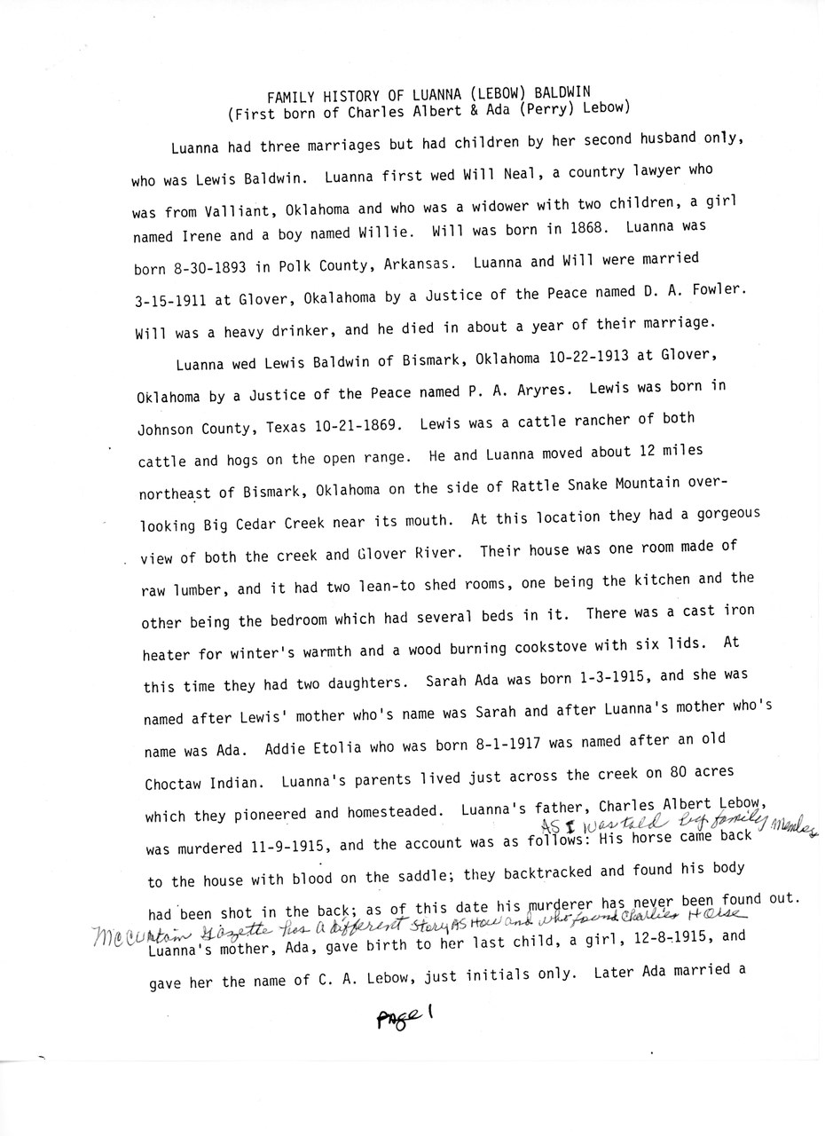 Typed family history document about Luanna (Lebow) Baldwin and her descendants.