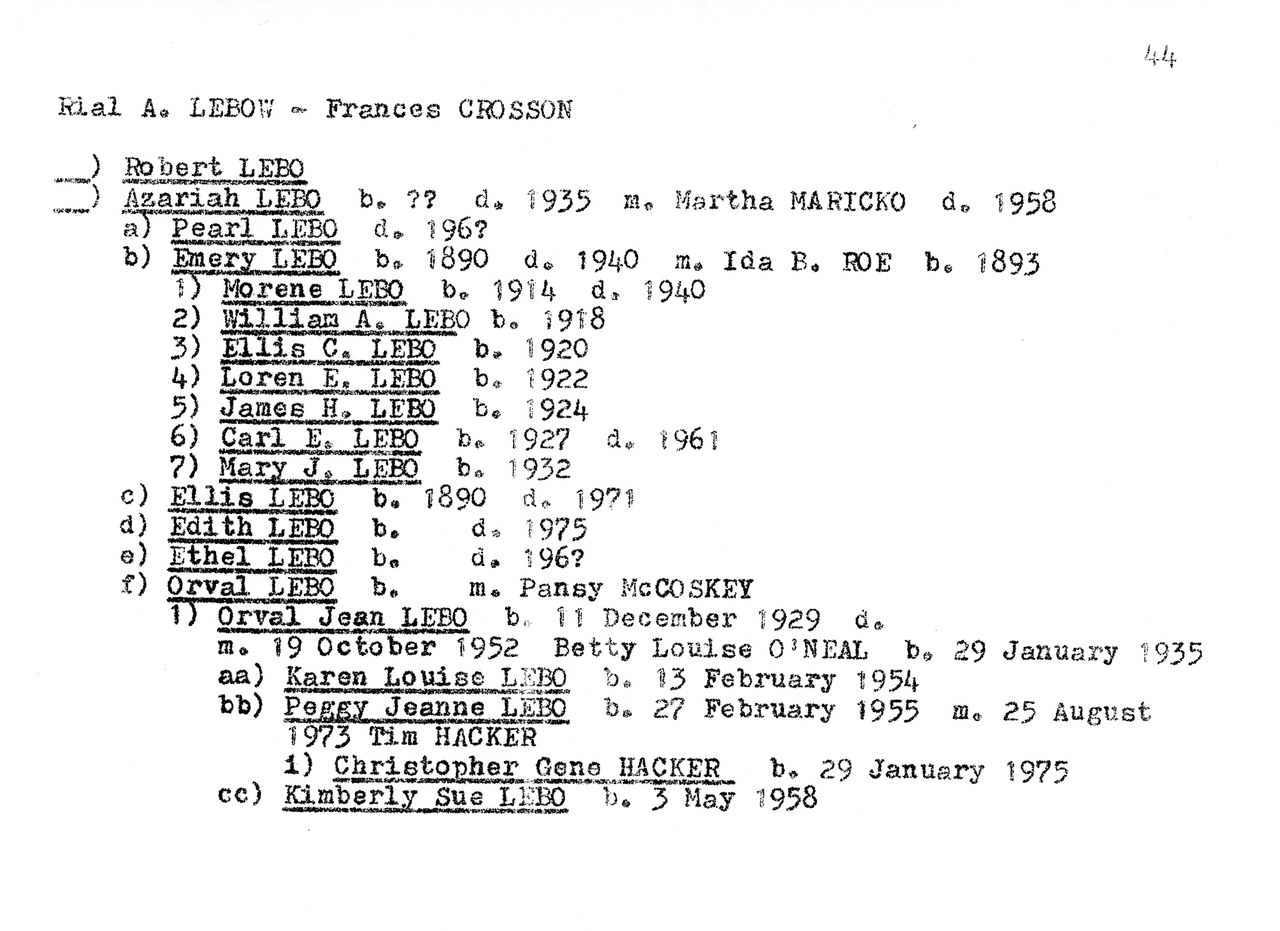 Typewritten genealogical chart for LEBO and CROSSON families with dates and names.