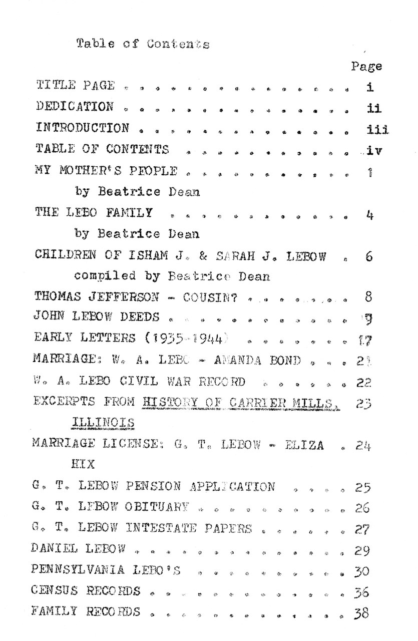 Table of Contents from a genealogical document listing family records and historical papers.
