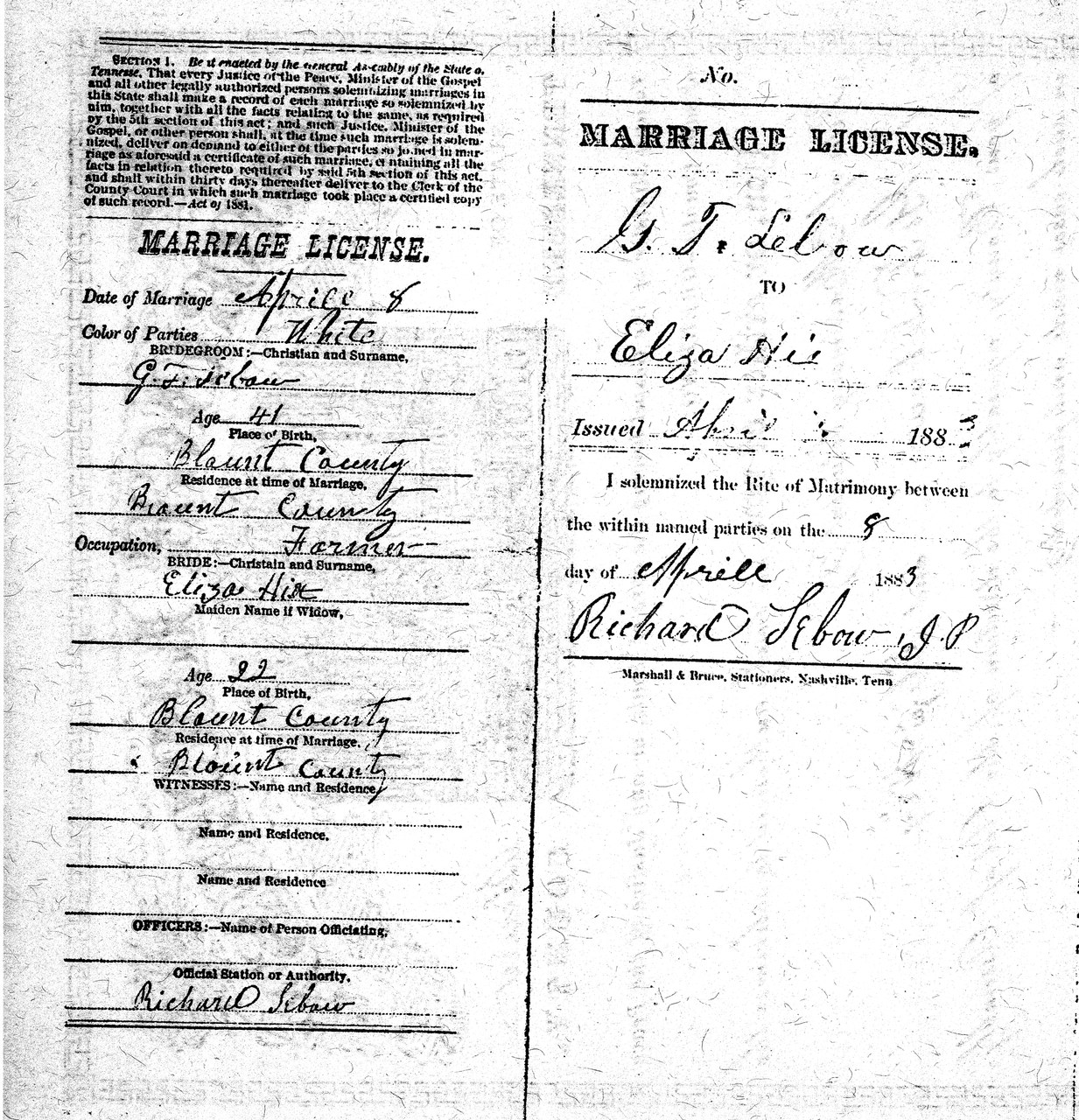 Two pages of a handwritten marriage license document from Tennessee, dated 1883.