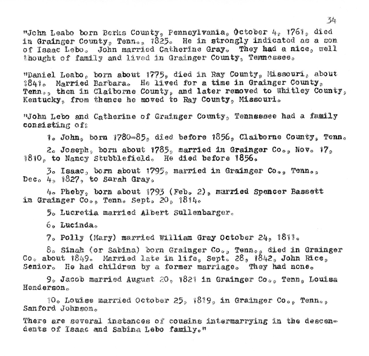Typed genealogical notes on Leabo and related families, numbered page 34.