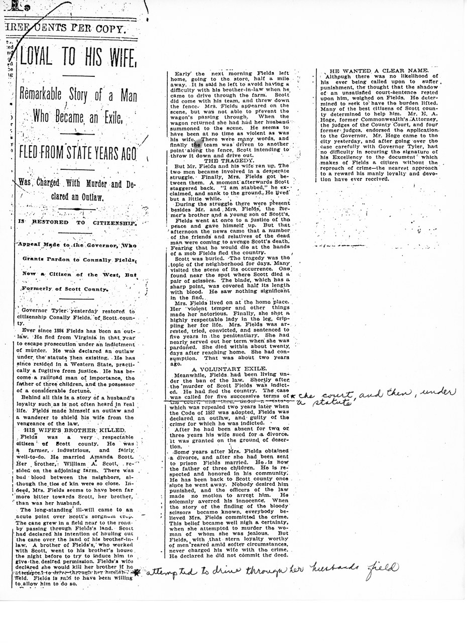 Newspaper article page with headline "Loyal to His Wife" about Connally Fields