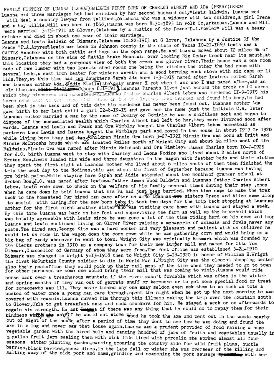 Typewritten family history document with handwritten annotations and edits, covering multiple pages of genealogical narrative.