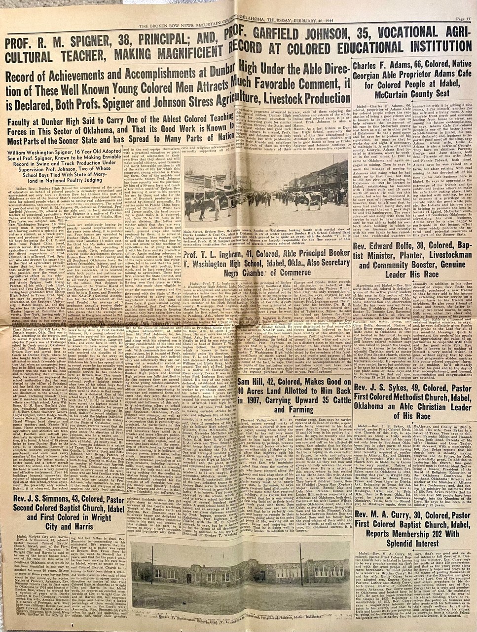 Newspaper page from The Broken Bow News featuring articles about African American educators and community leaders in Oklahoma, February 1944.